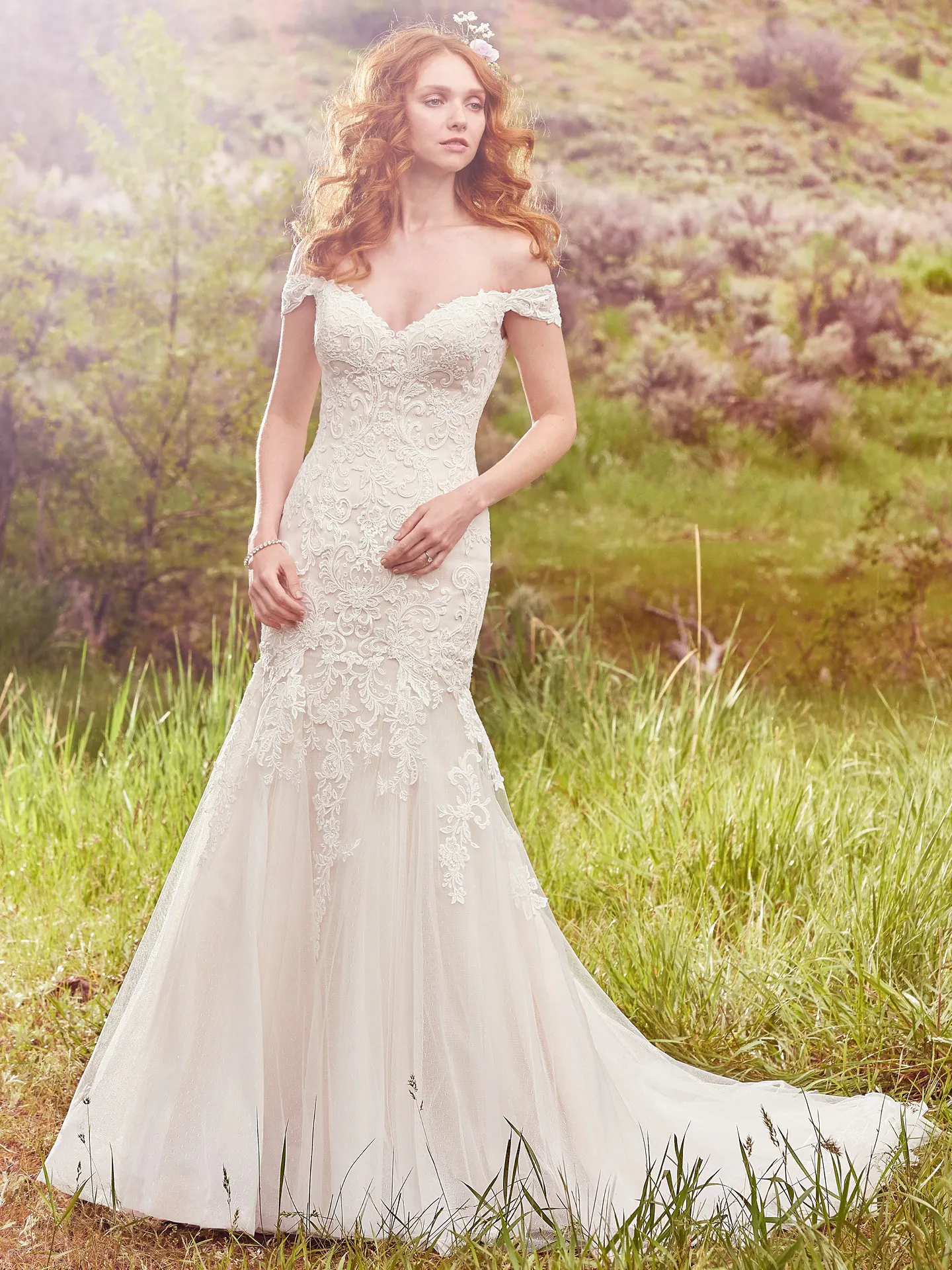 Afton  Rustic Off the Shoulder Lace Wedding Dress by Maggie Sottero