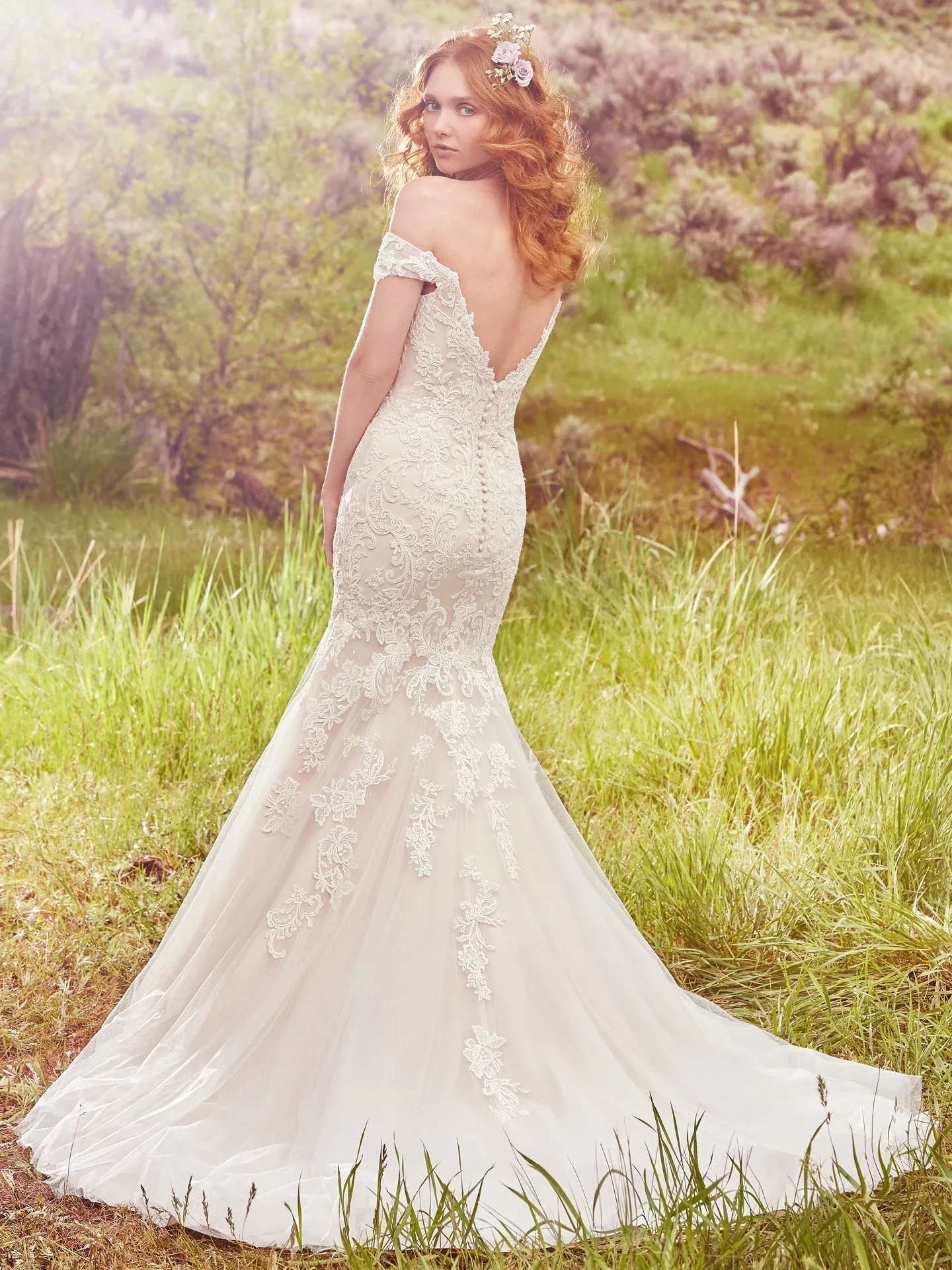 Afton  Rustic Off the Shoulder Lace Wedding Dress by Maggie Sottero