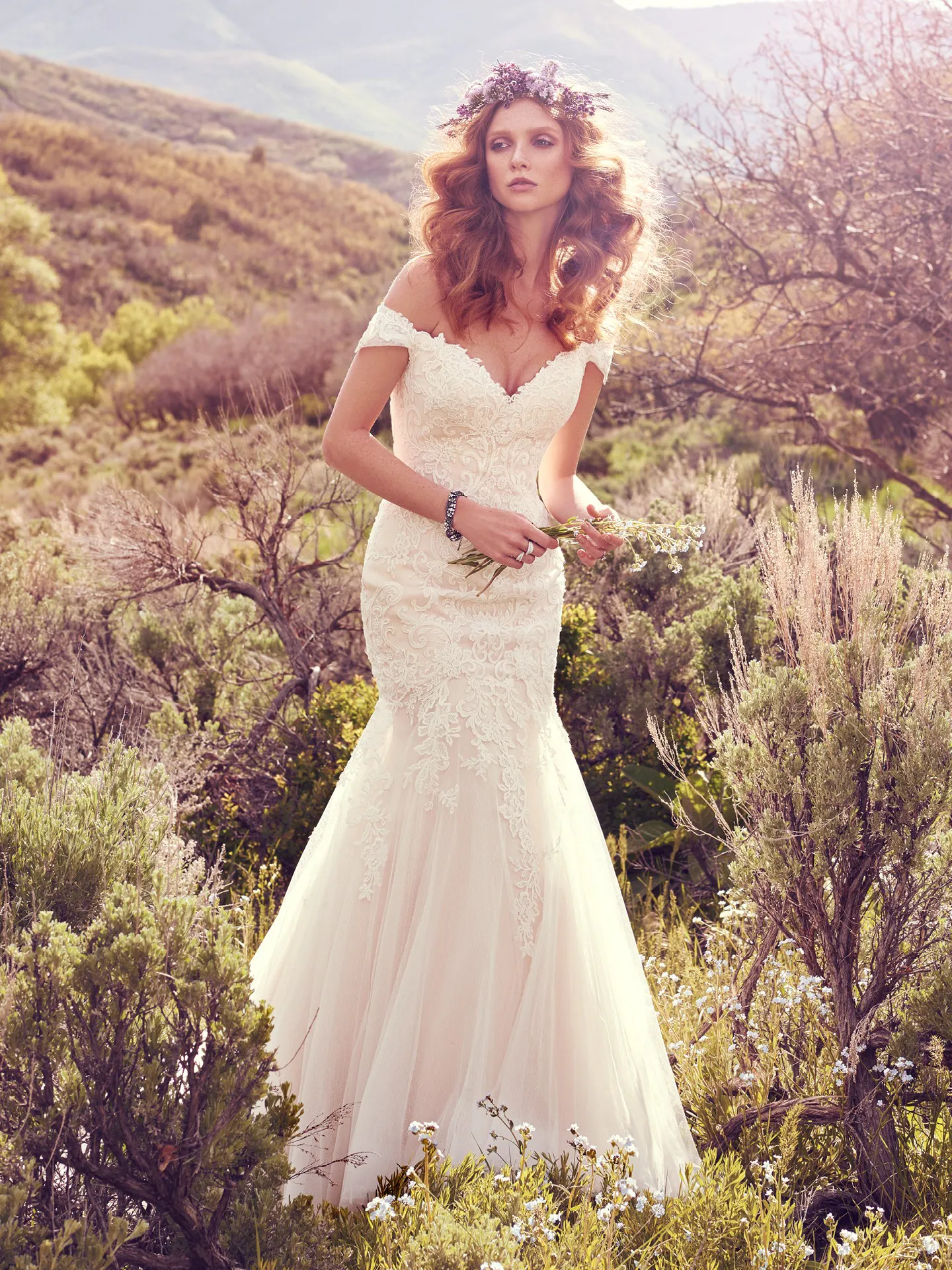 Afton  Rustic Off the Shoulder Lace Wedding Dress by Maggie Sottero