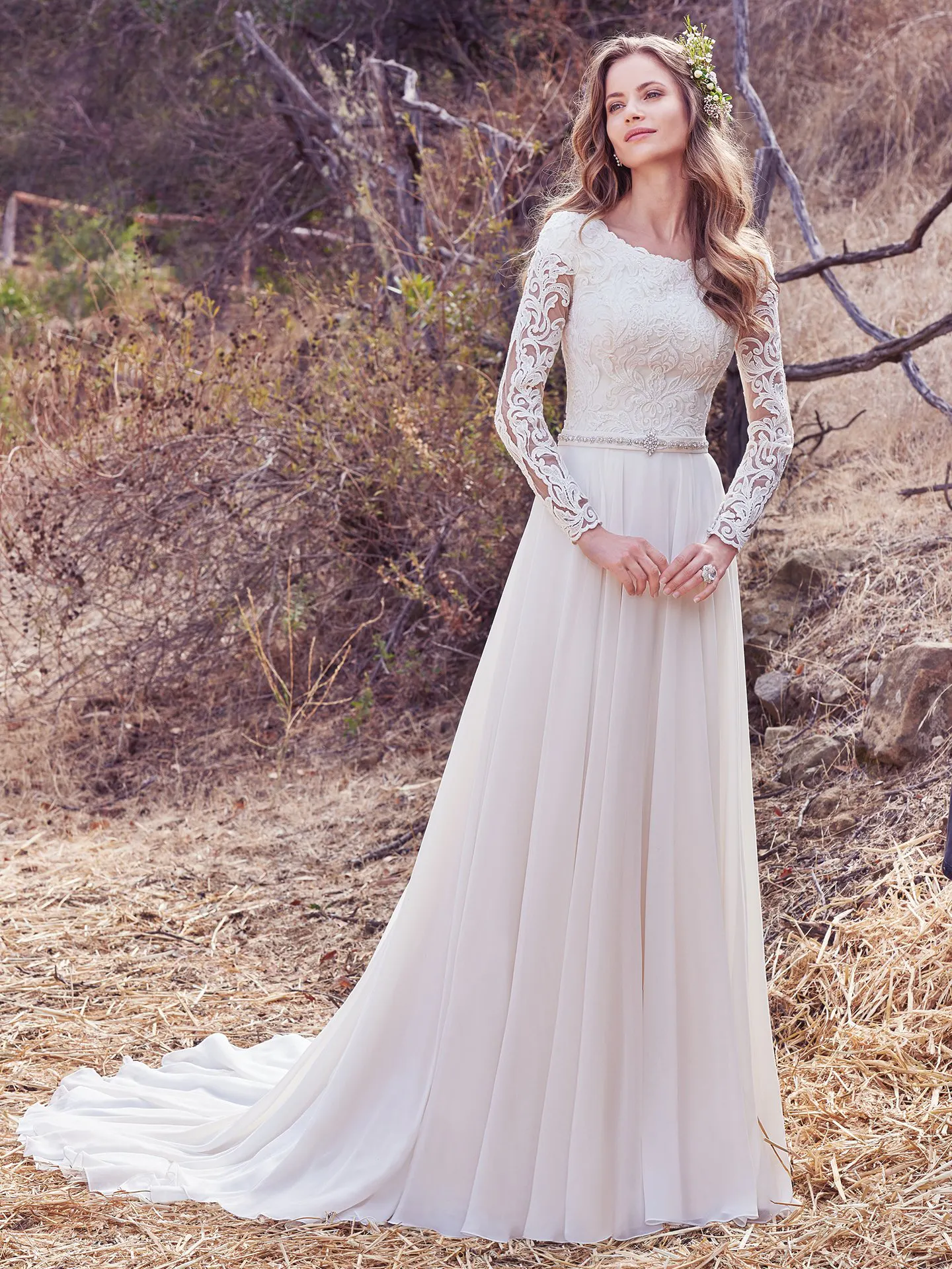 Darcy Marie  Modest Chiffon Boho Wedding Dress by Maggie Sottero
