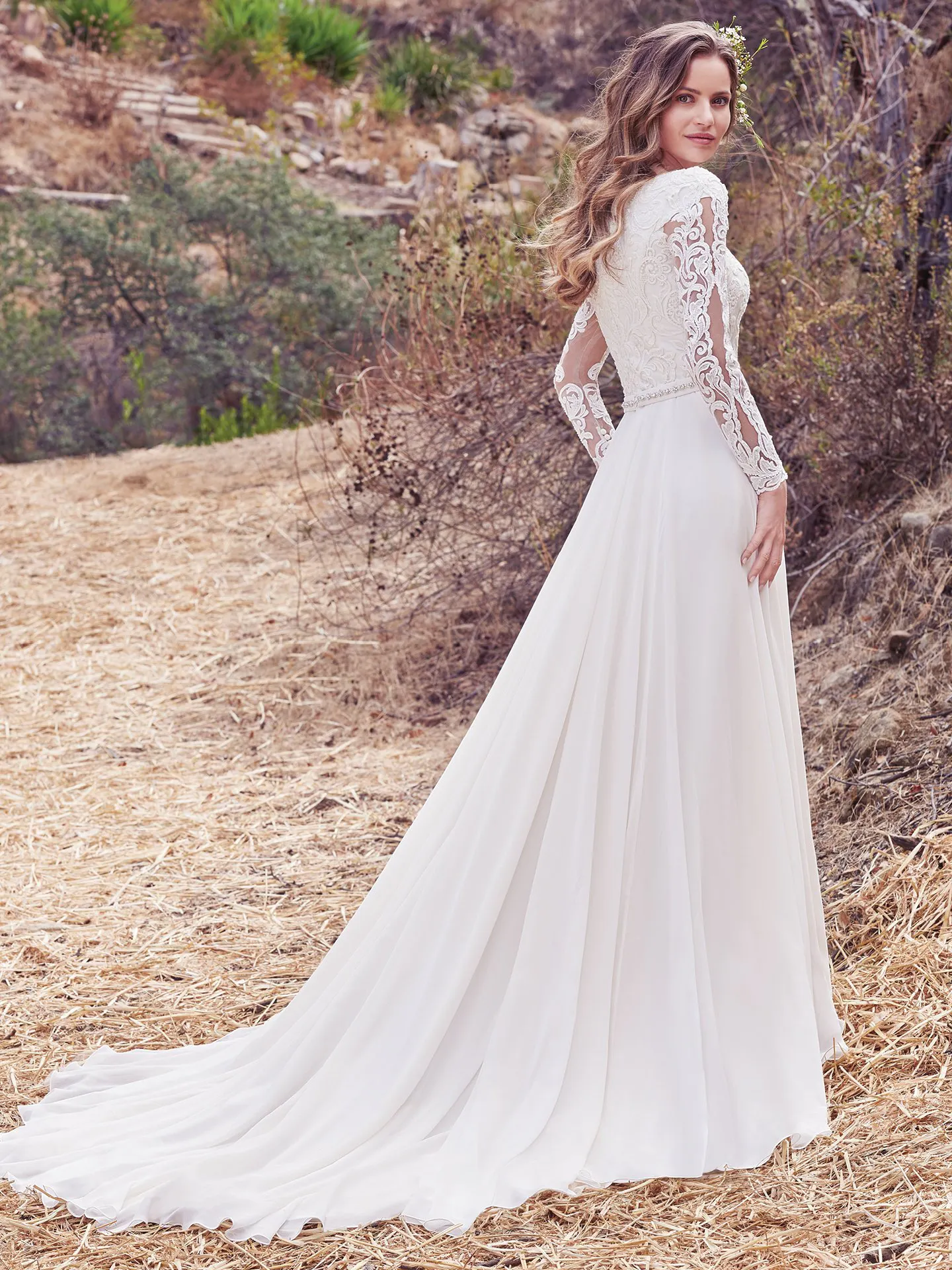 Darcy Marie  Modest Chiffon Boho Wedding Dress by Maggie Sottero