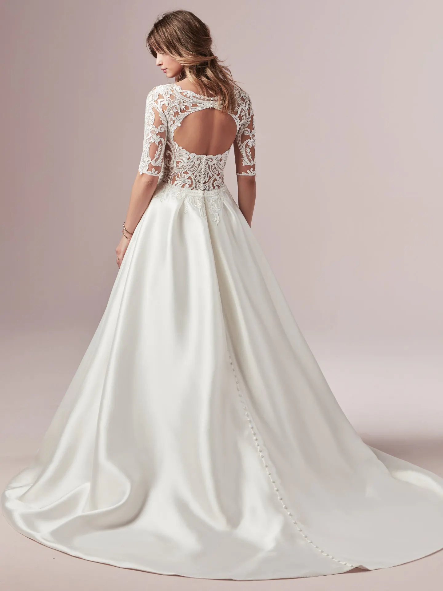 Spencer  Half Sleeved Lace and Mikado Wedding Dress by Rebecca Ingram