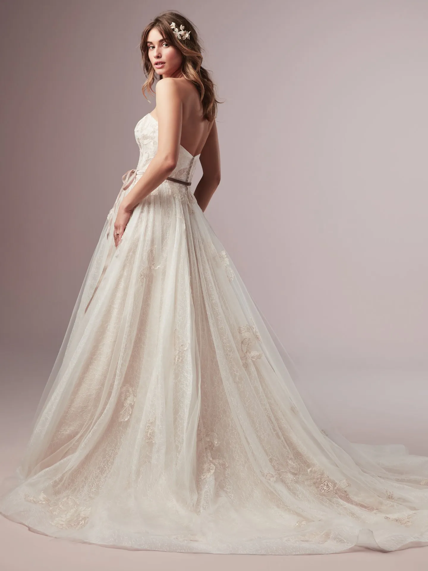 Summer  Blush Lace A Line Wedding Dress with Velvet Ribbon by Rebecca Ingram