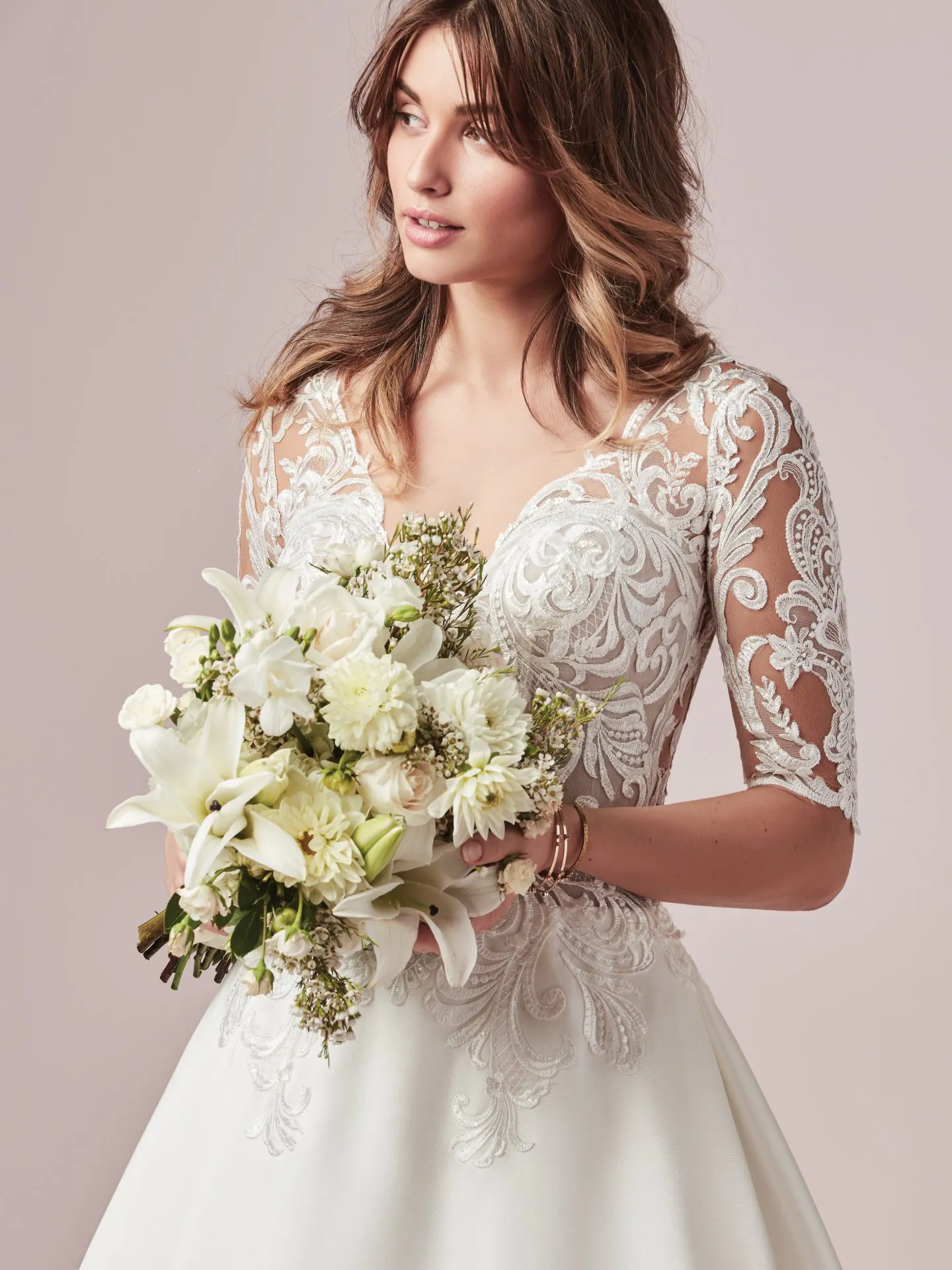 Spencer  Half Sleeved Lace and Mikado Wedding Dress by Rebecca Ingram