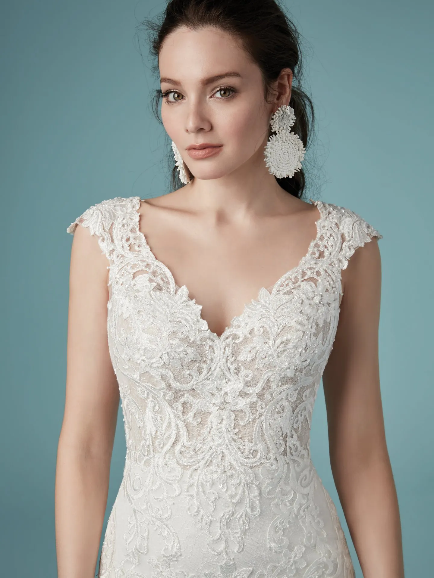 Celeste  Fit and Flare V Neckline Lace Wedding Dress by Maggie Sottero