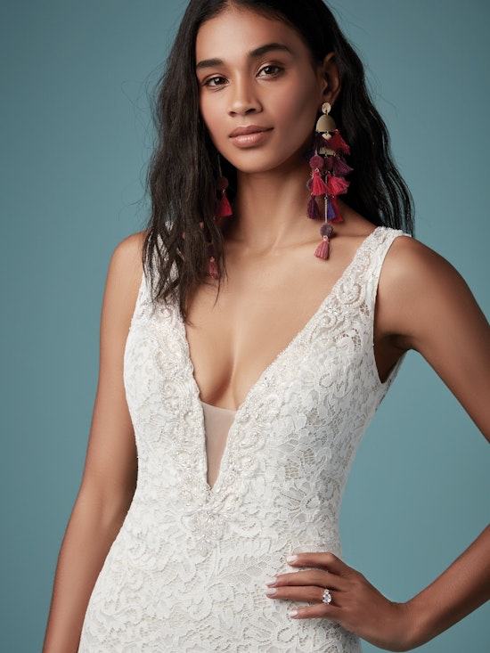 Hepburn (9MT838) V Neckline Lace Fit and Flare Wedding Dress by Maggie Sottero