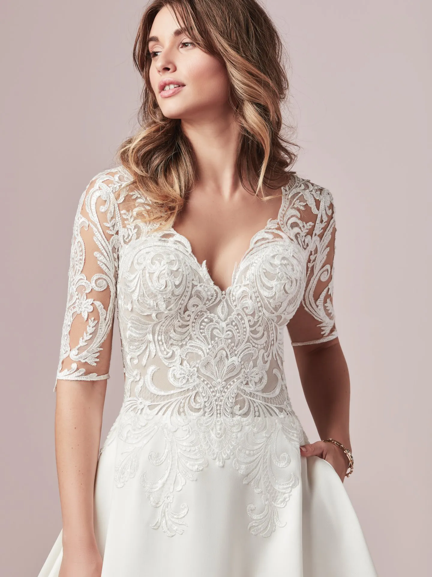 Spencer  Half Sleeved Lace and Mikado Wedding Dress by Rebecca Ingram