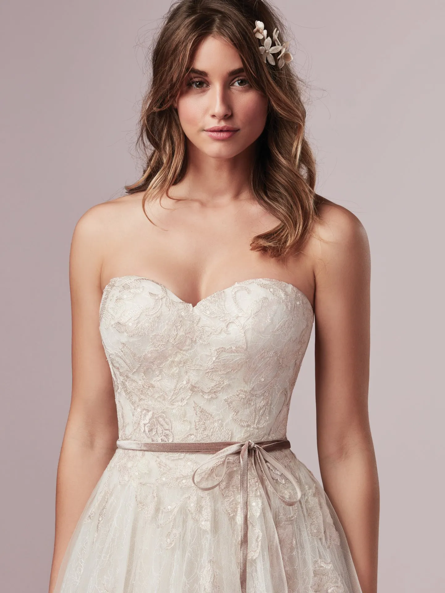 Summer  Blush Lace A Line Wedding Dress with Velvet Ribbon by Rebecca Ingram