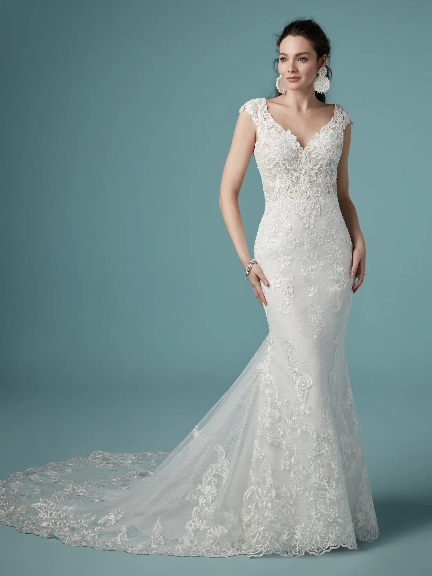 Celeste  Fit and Flare V Neckline Lace Wedding Dress by Maggie Sottero