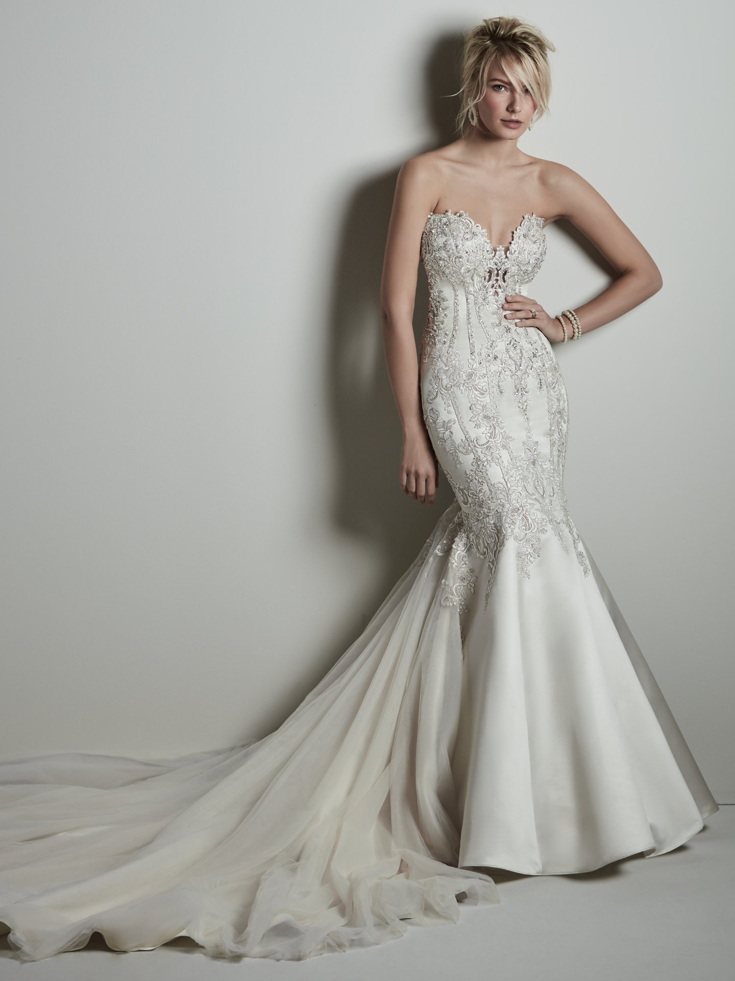 beaded fit and flare wedding dress