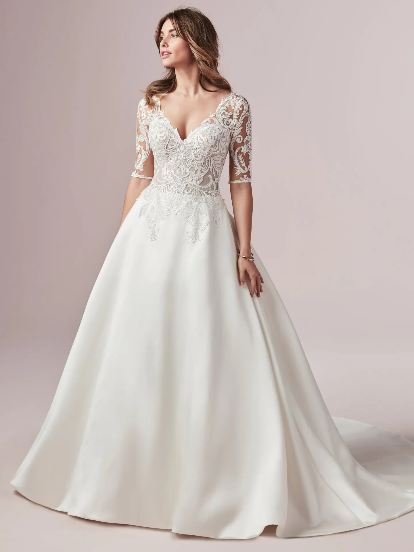 Spencer  Half Sleeved Lace and Mikado Wedding Dress by Rebecca Ingram