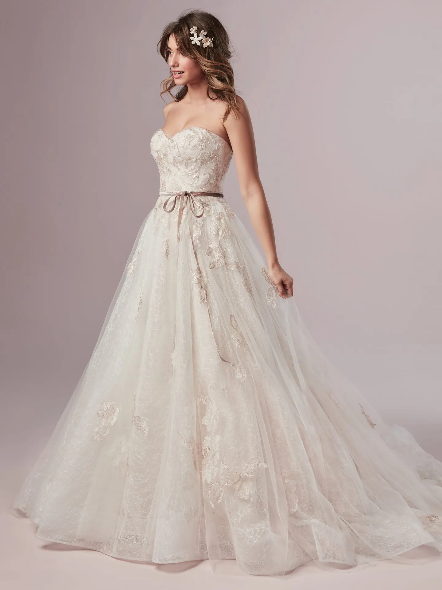 Summer  Blush Lace A Line Wedding Dress with Velvet Ribbon by Rebecca Ingram