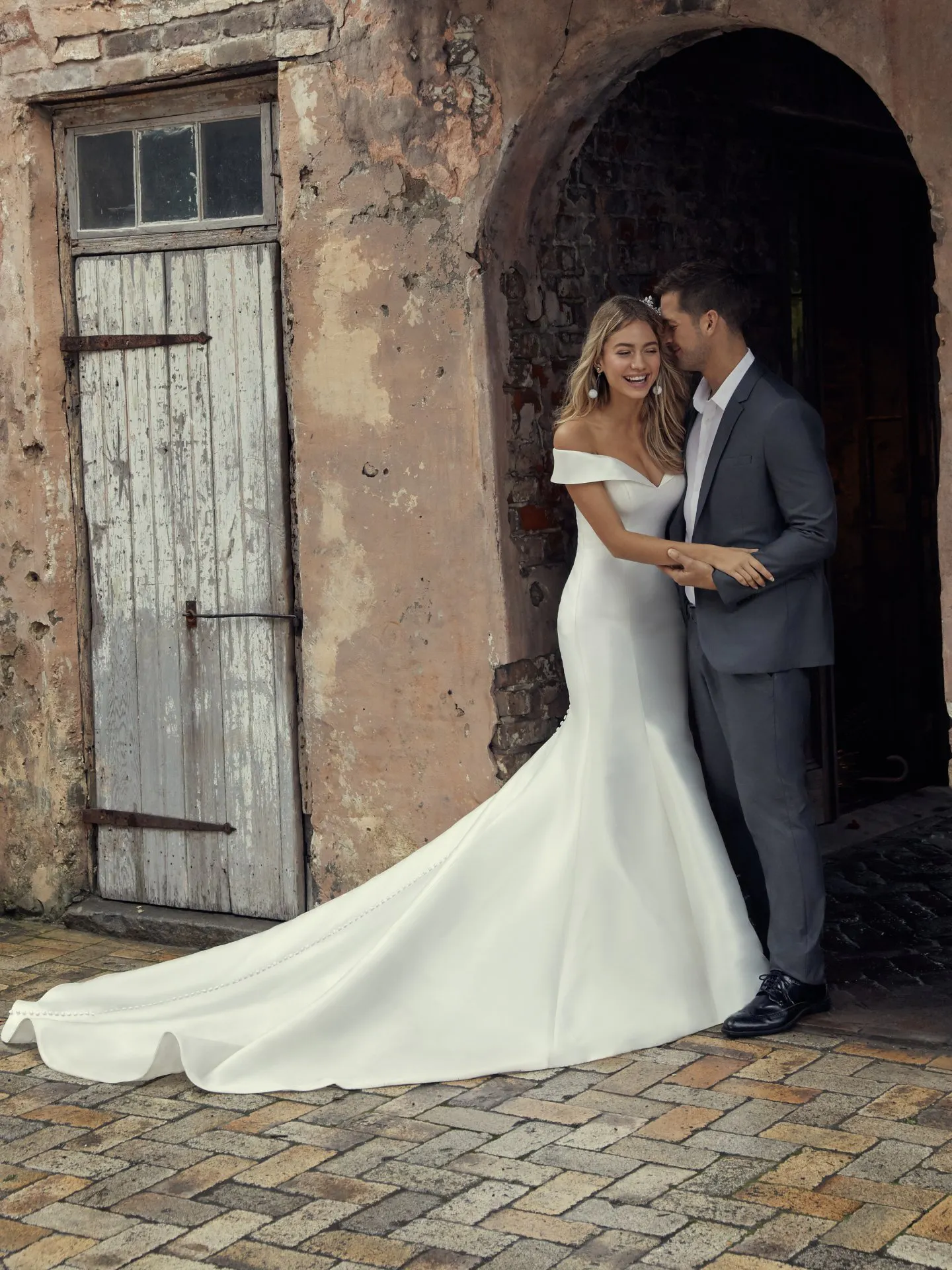 Rebecca Ingram off-the-shoulder fit-and-flare wedding dress front view