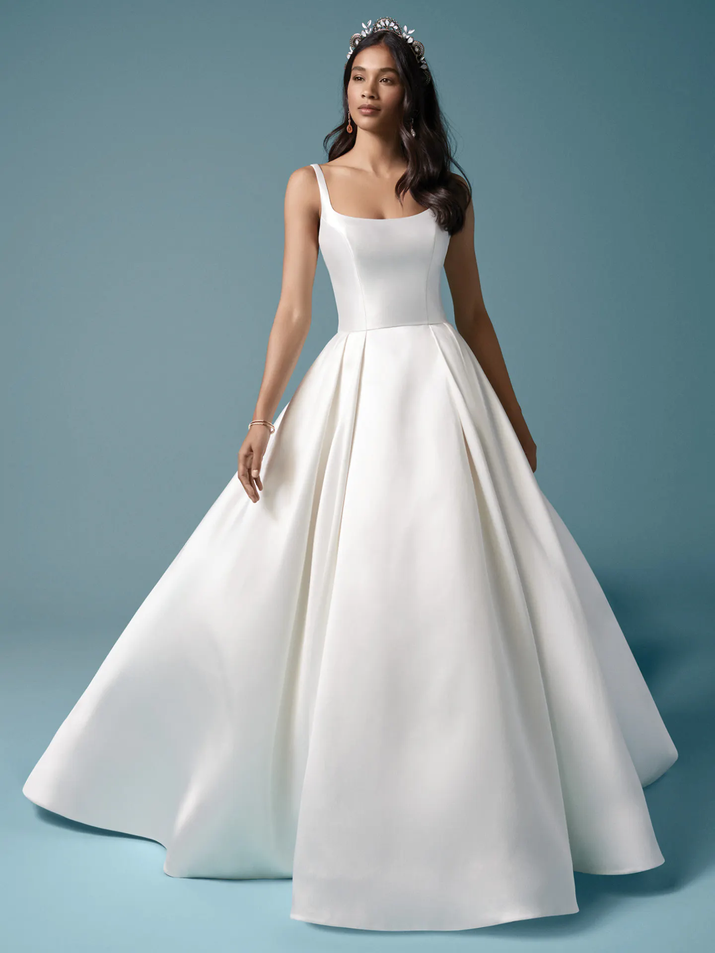 Maggie Sottero Selena front view satin A-line wedding dress with pockets