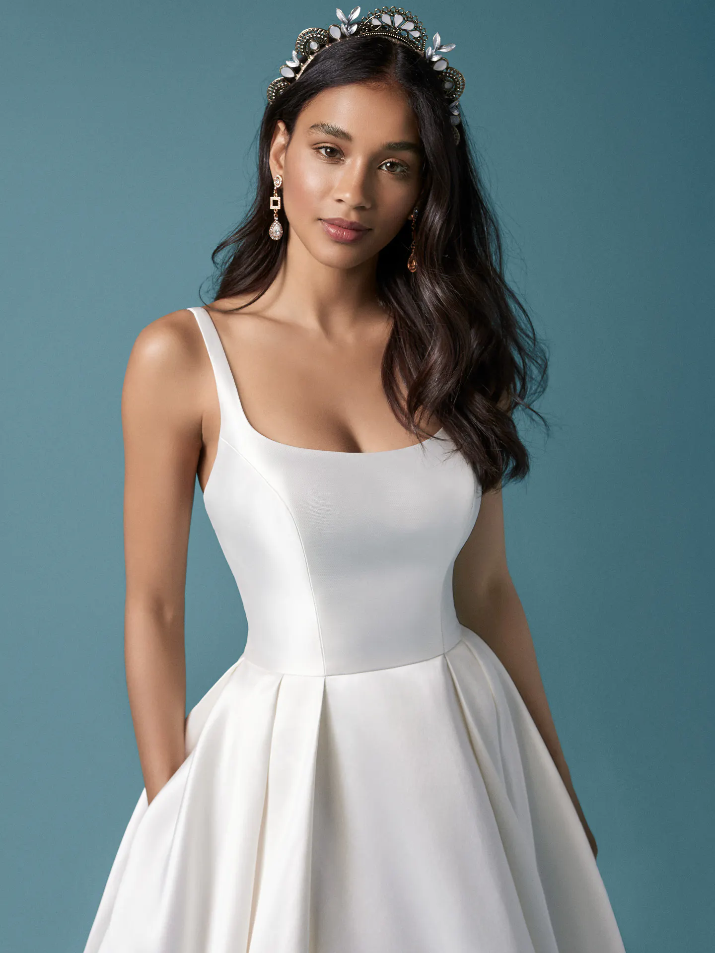 Maggie Sottero Selena A-line satin dress front view with pockets