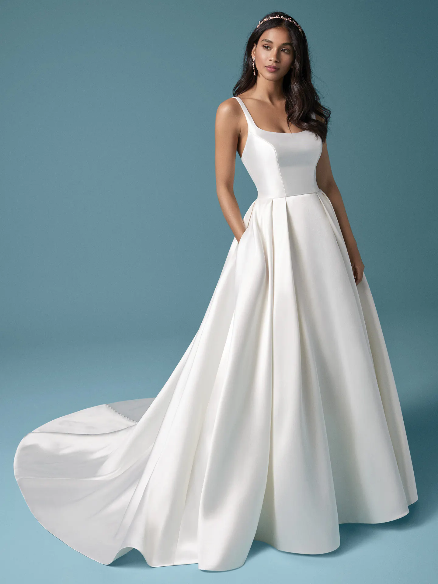 Maggie Sottero Selena satin A-line wedding dress front view
