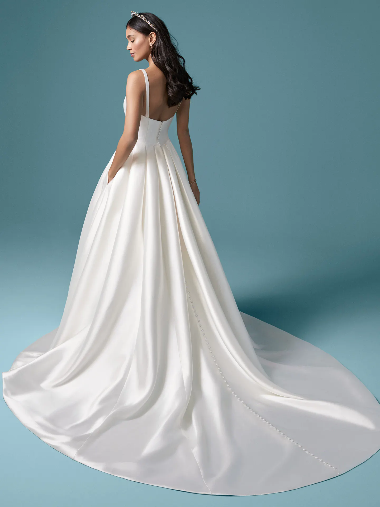 Selena A-line satin wedding dress back view with pockets Maggie Sottero