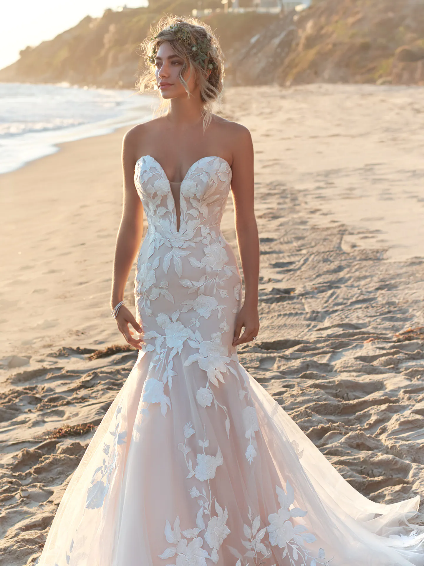 Rebecca Ingram Hattie front view strapless mermaid lace bridal gown on beach