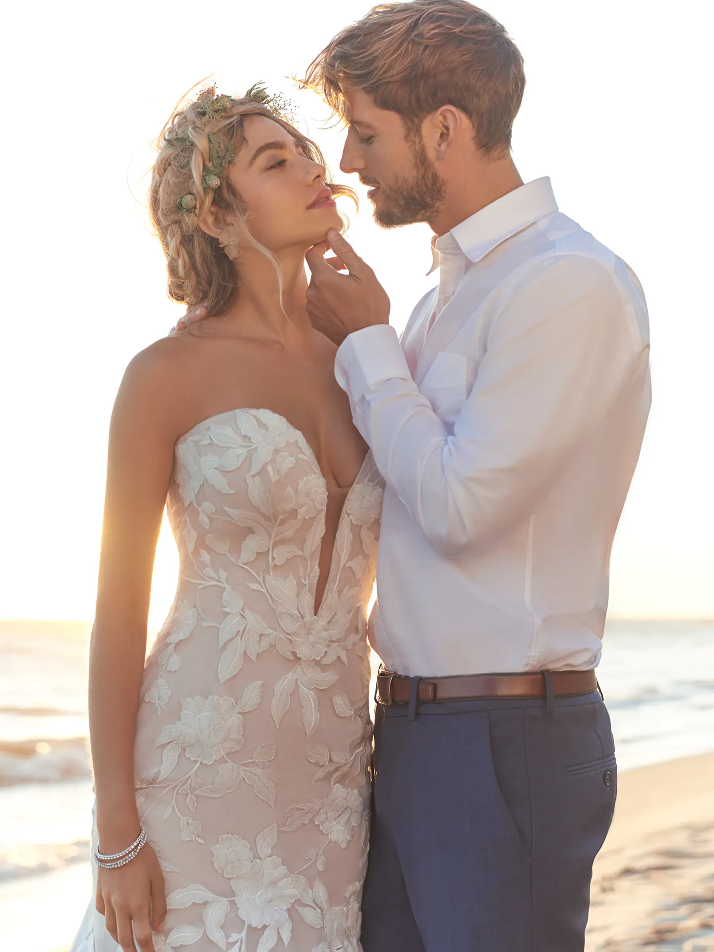 Rebecca Ingram Hattie strapless mermaid lace gown on beach