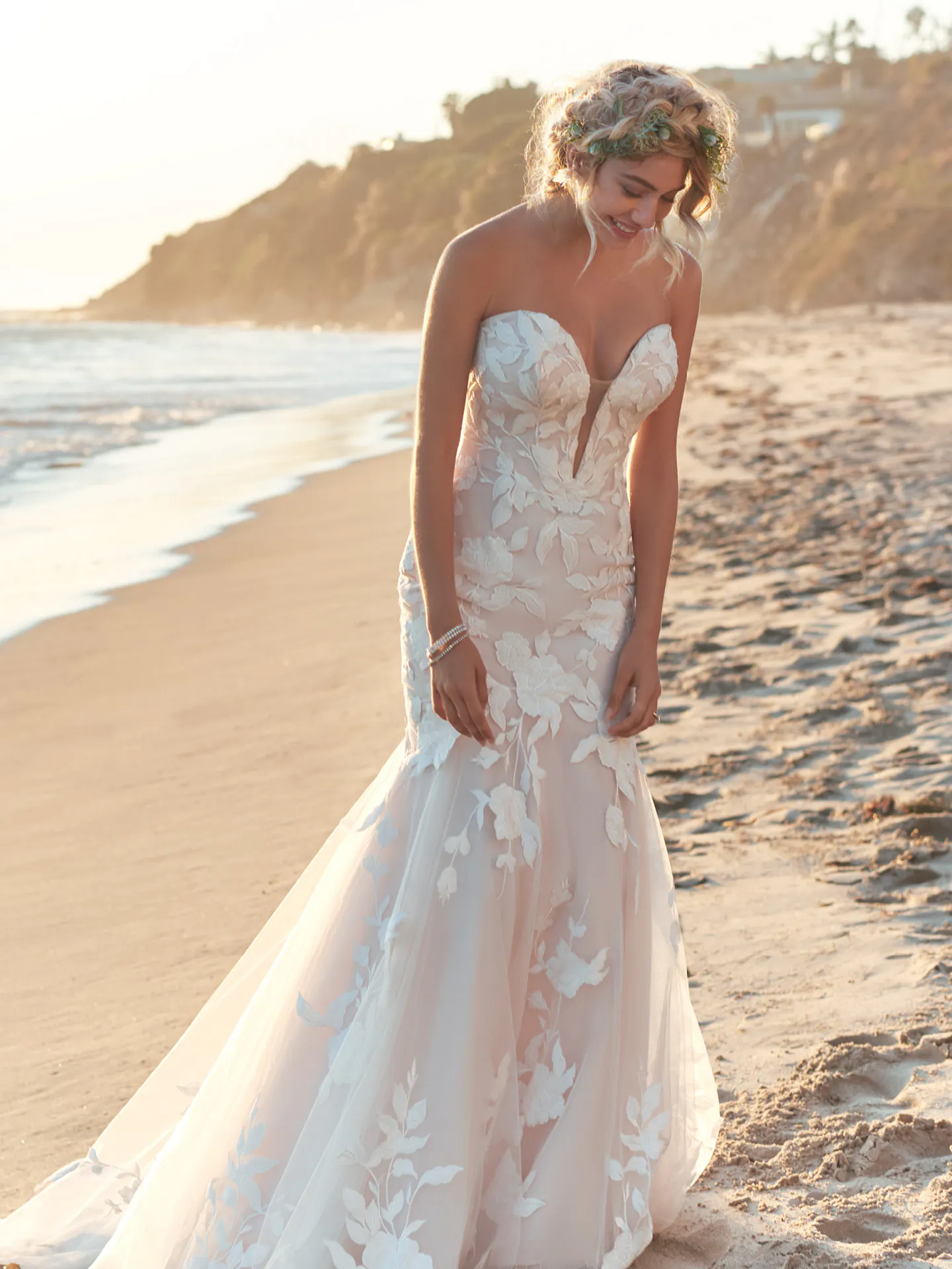 Rebecca Ingram Hattie mermaid gown front view on beach