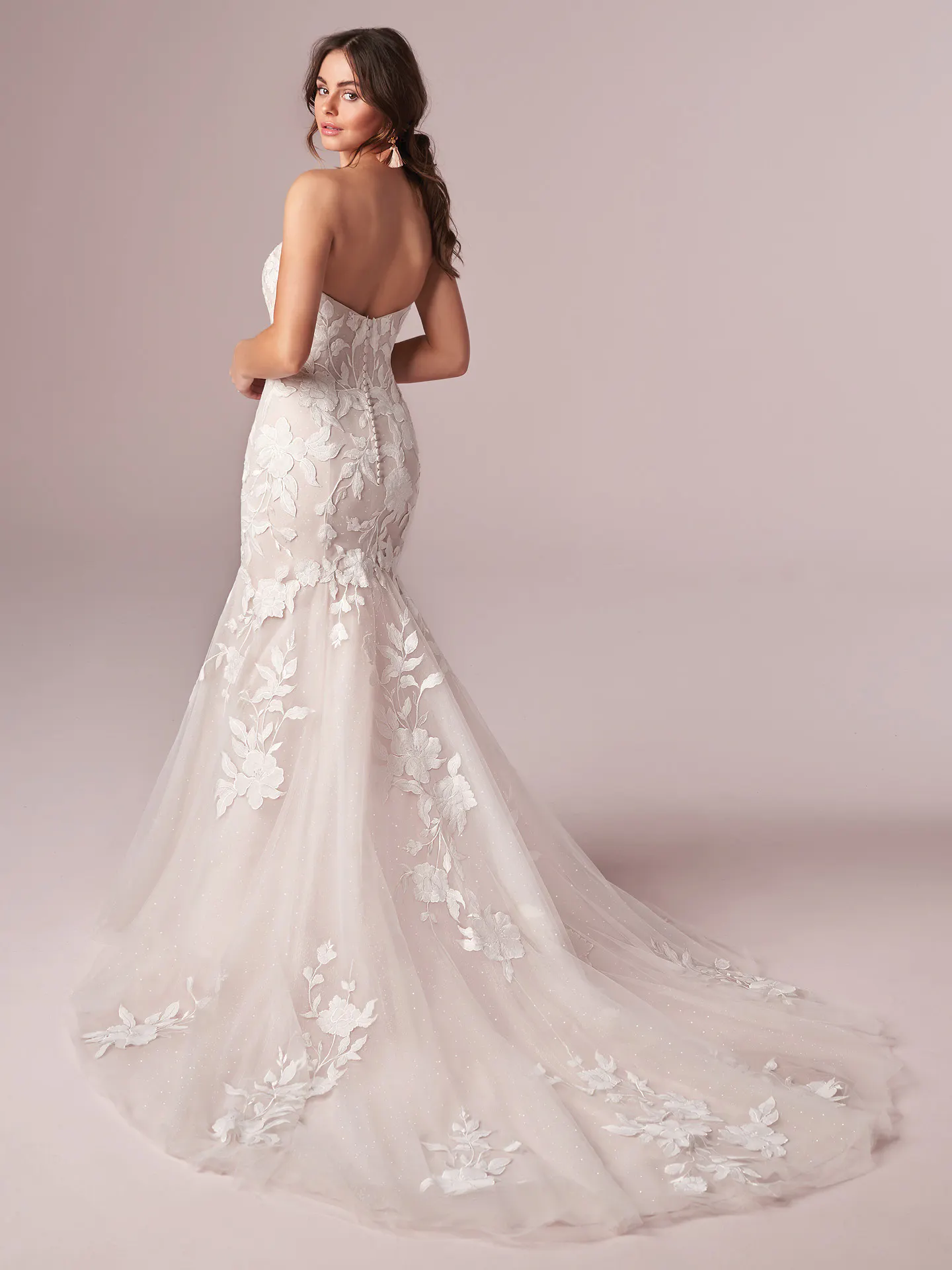 Rebecca Ingram Hattie mermaid gown back view with lace floral details.