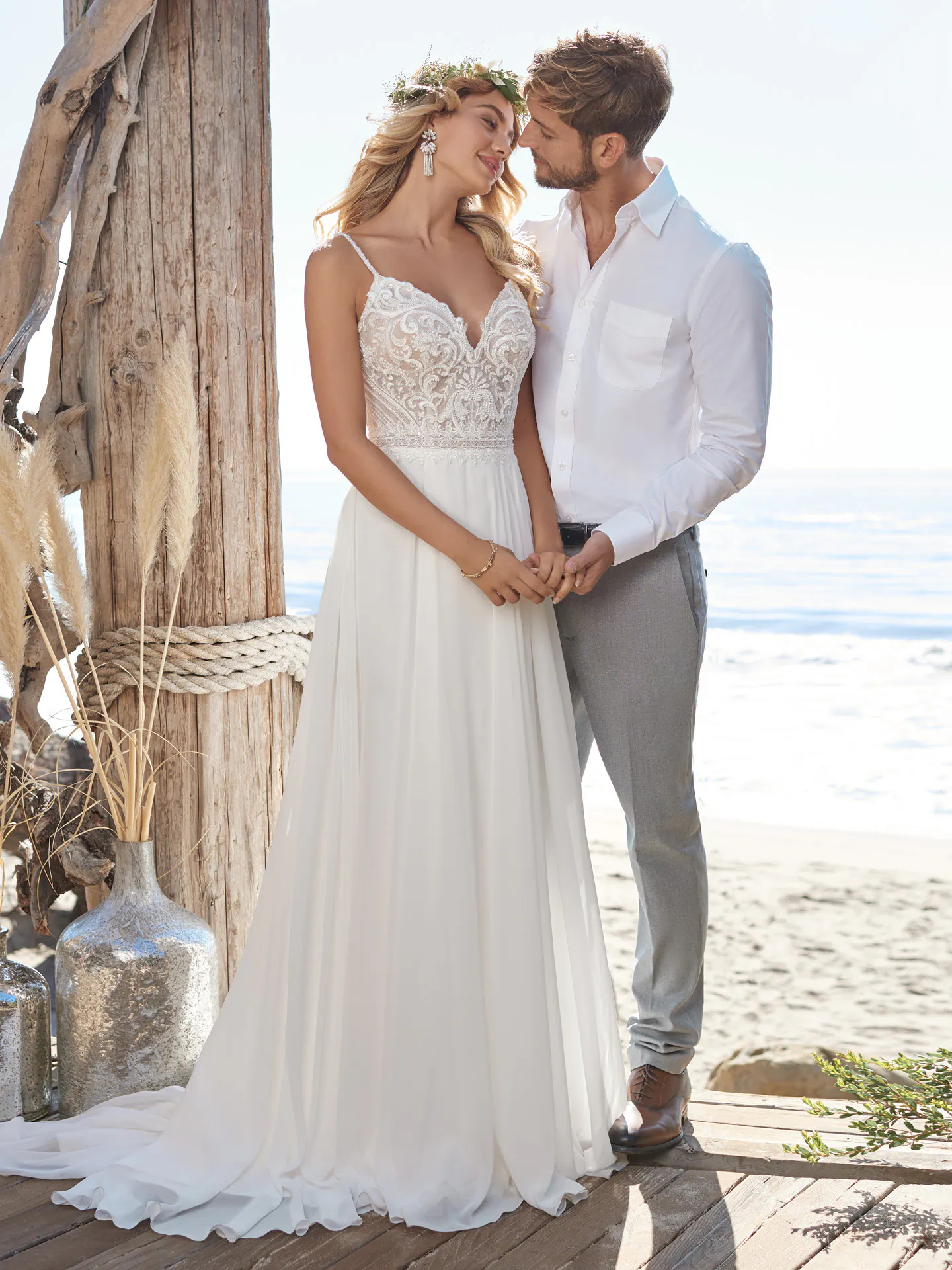 Rebecca Ingram Lorraine front view V-neck chiffon sheath wedding dress on beach