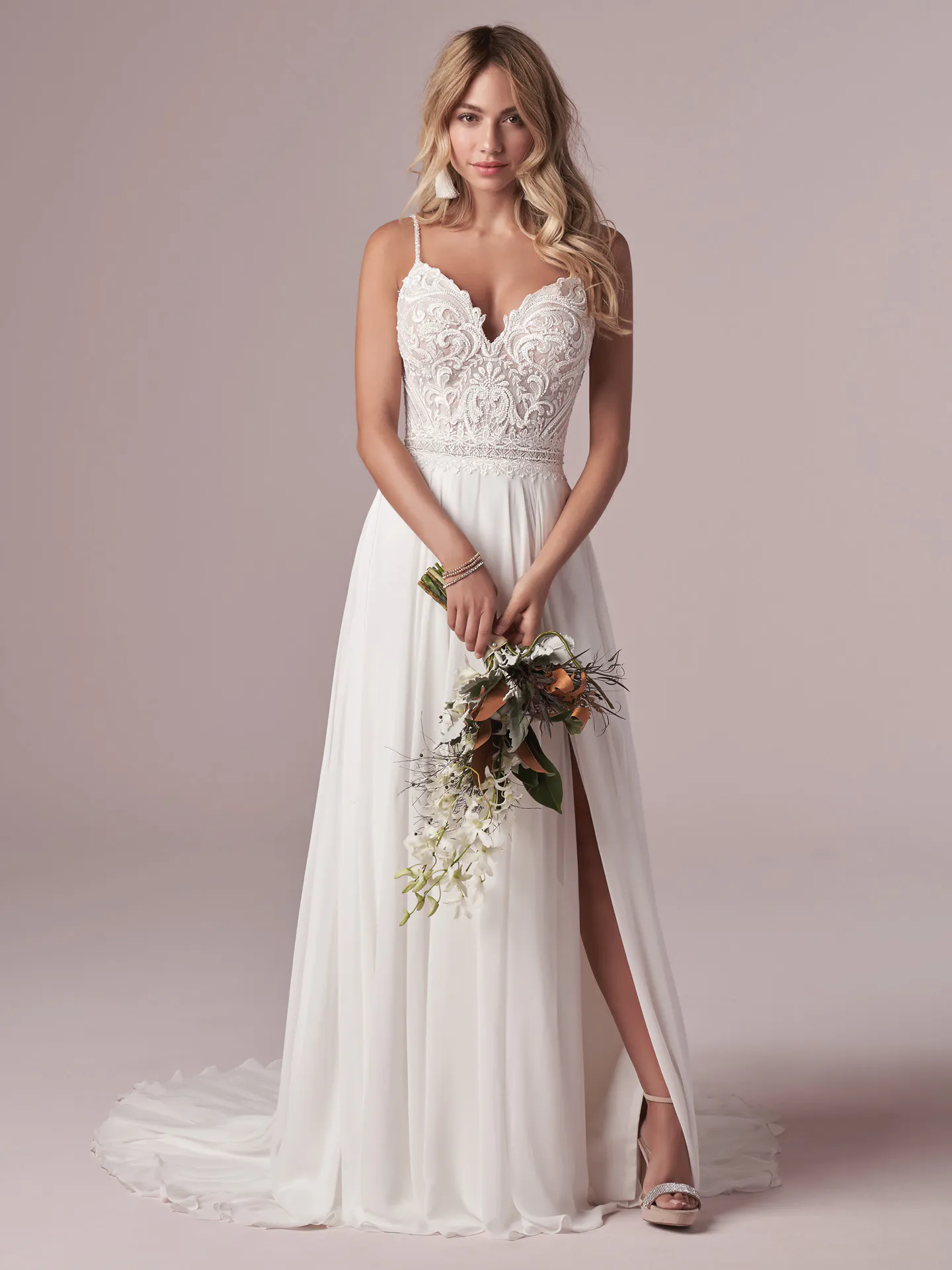 Rebecca Ingram Lorraine V-neck chiffon sheath wedding dress front view