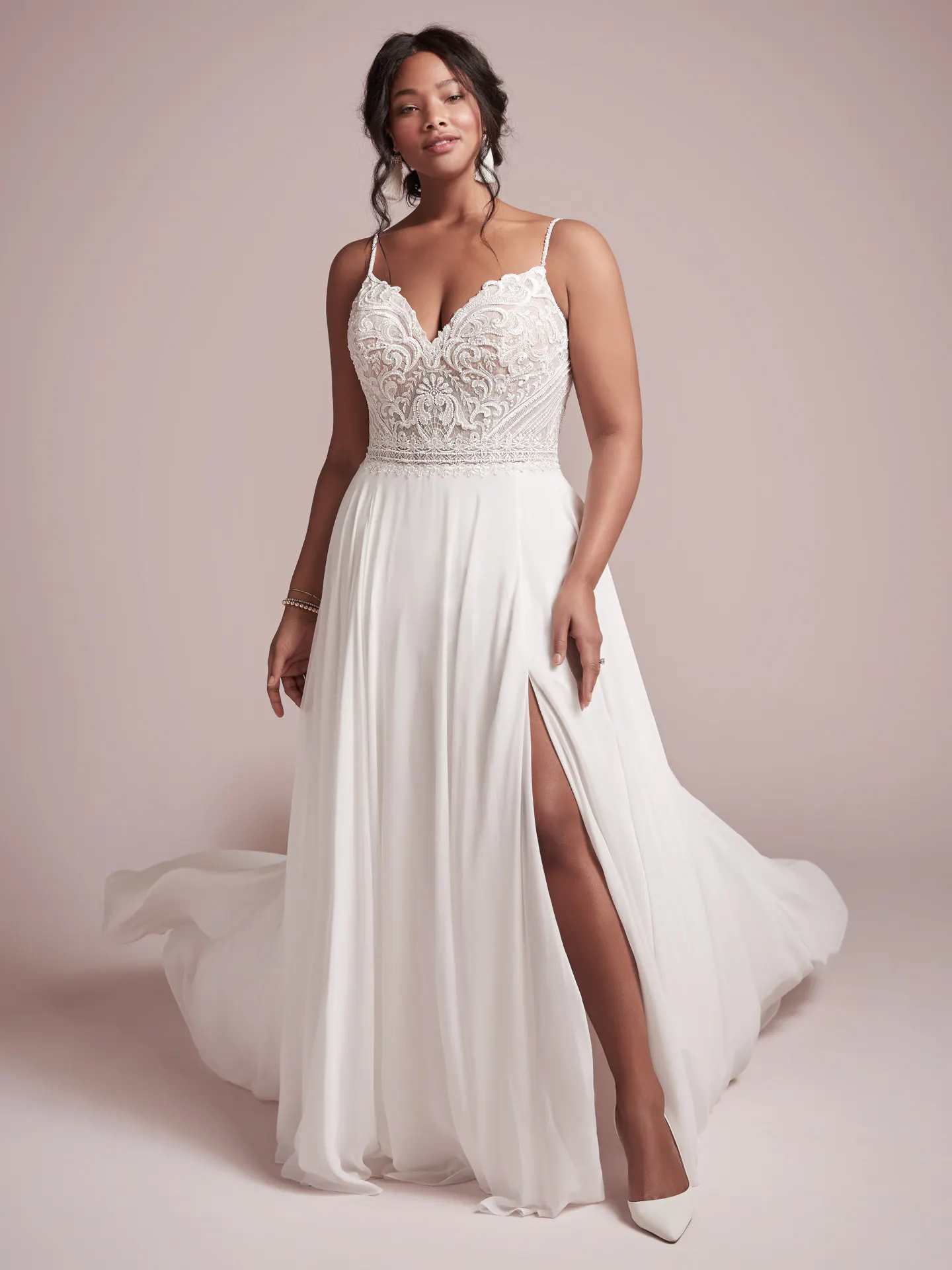Rebecca Ingram Lorraine front view chiffon V-neck sheath wedding dress