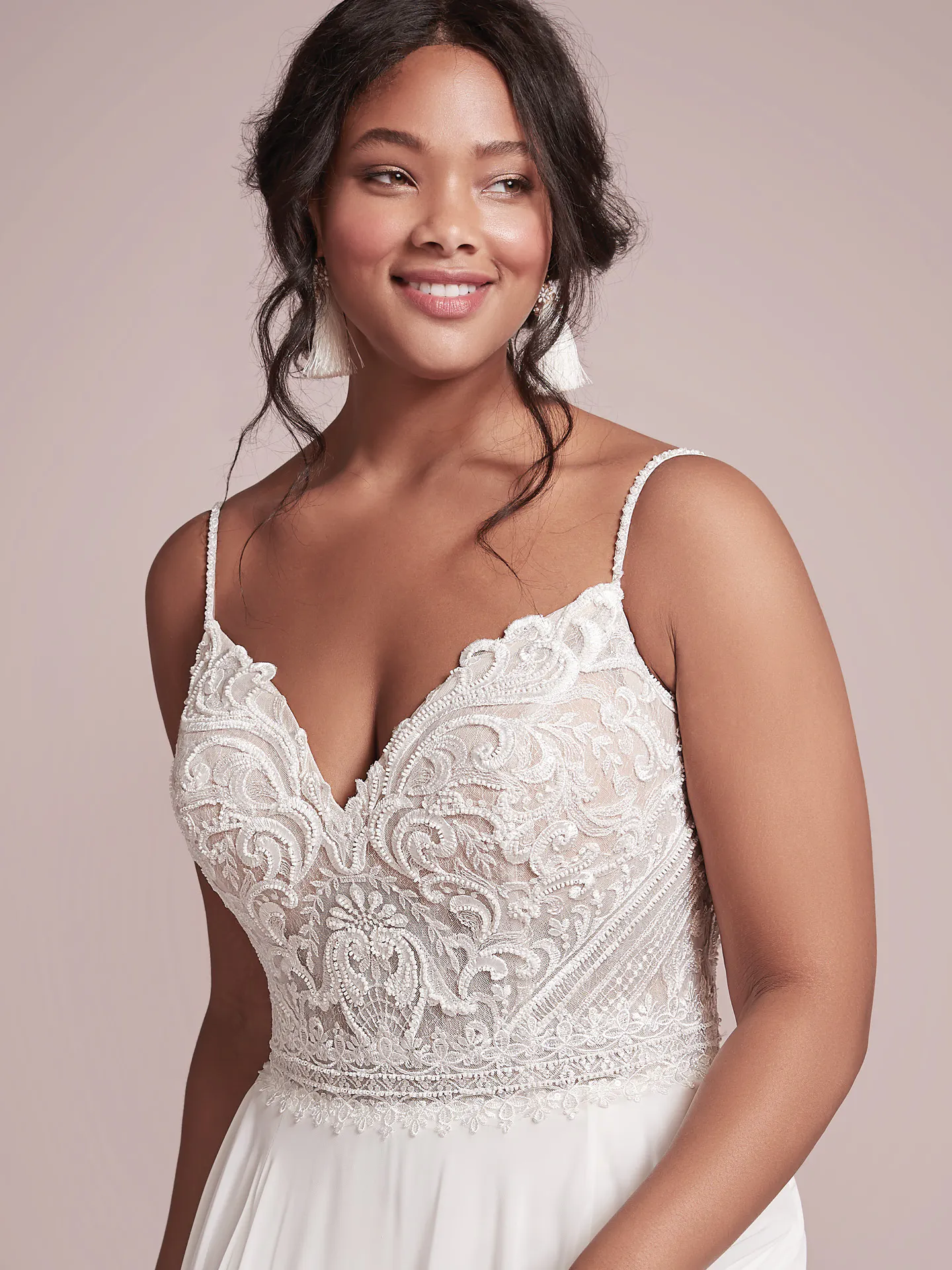 Rebecca Ingram Lorraine front view, V-neck lace bodice sheath wedding dress.