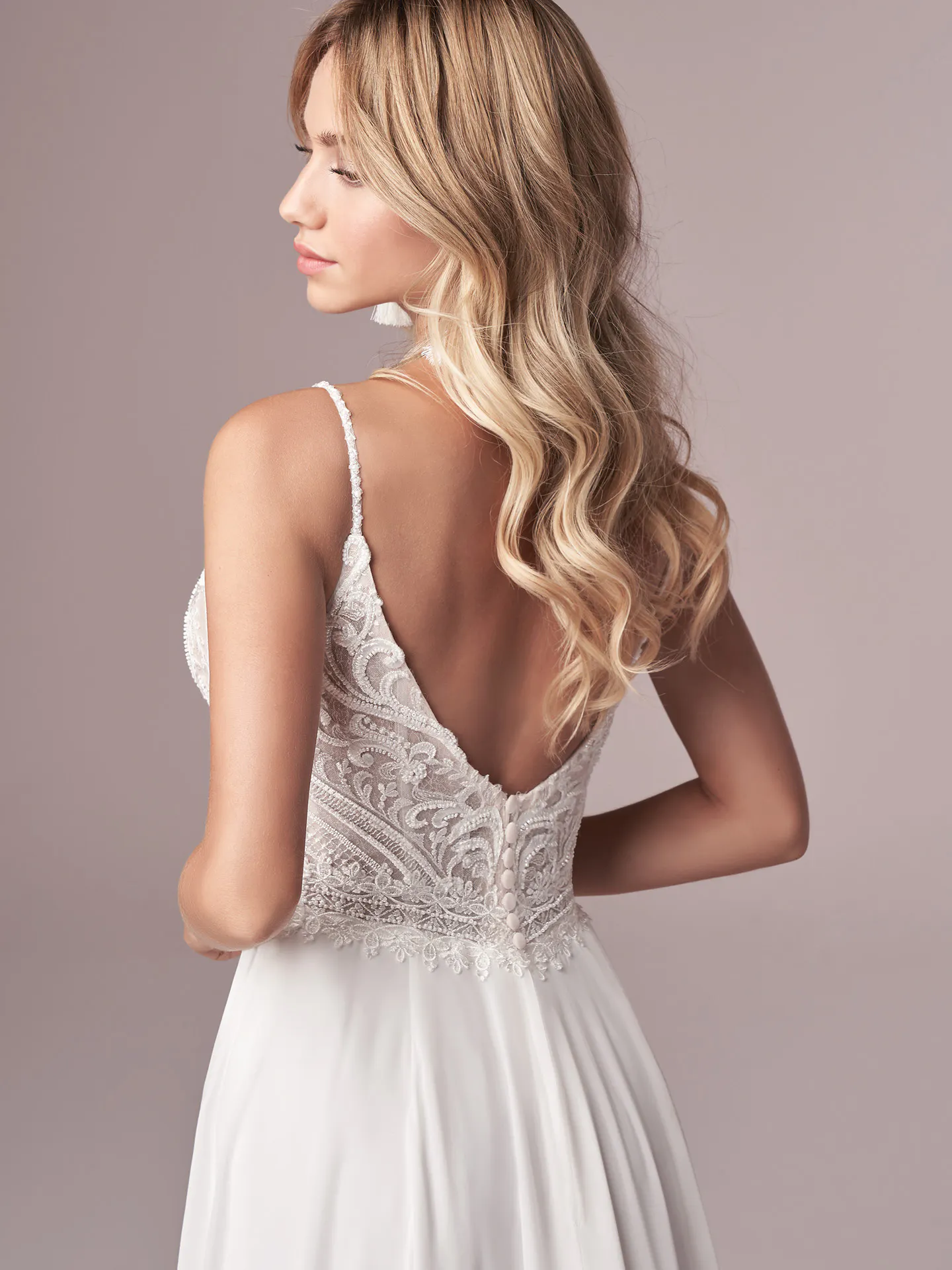 Rebecca Ingram Lorraine back view chiffon sheath wedding dress