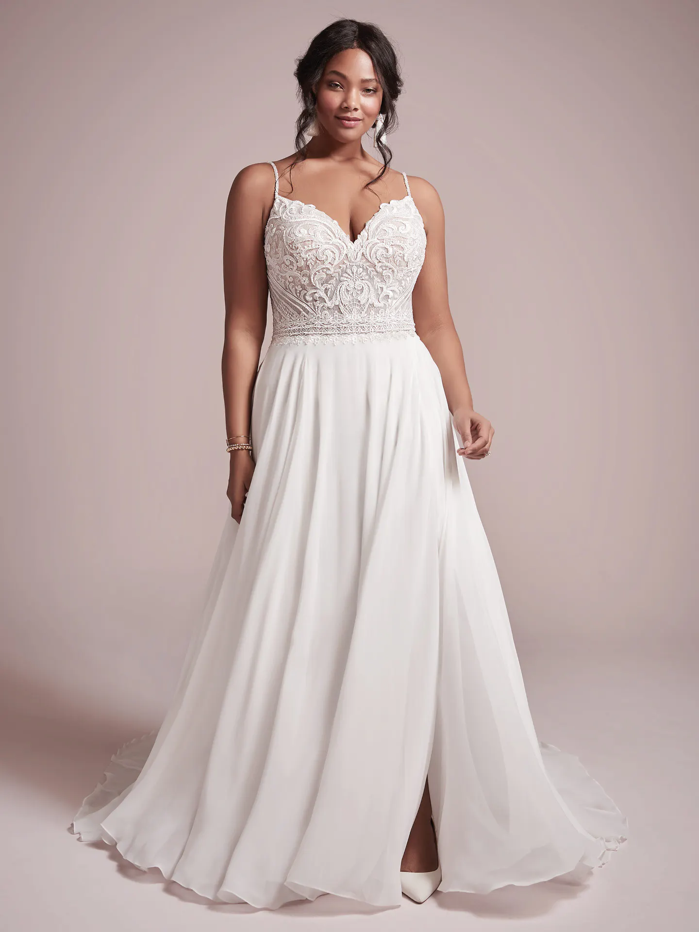 Rebecca Ingram Lorraine V-neck sheath wedding dress front view