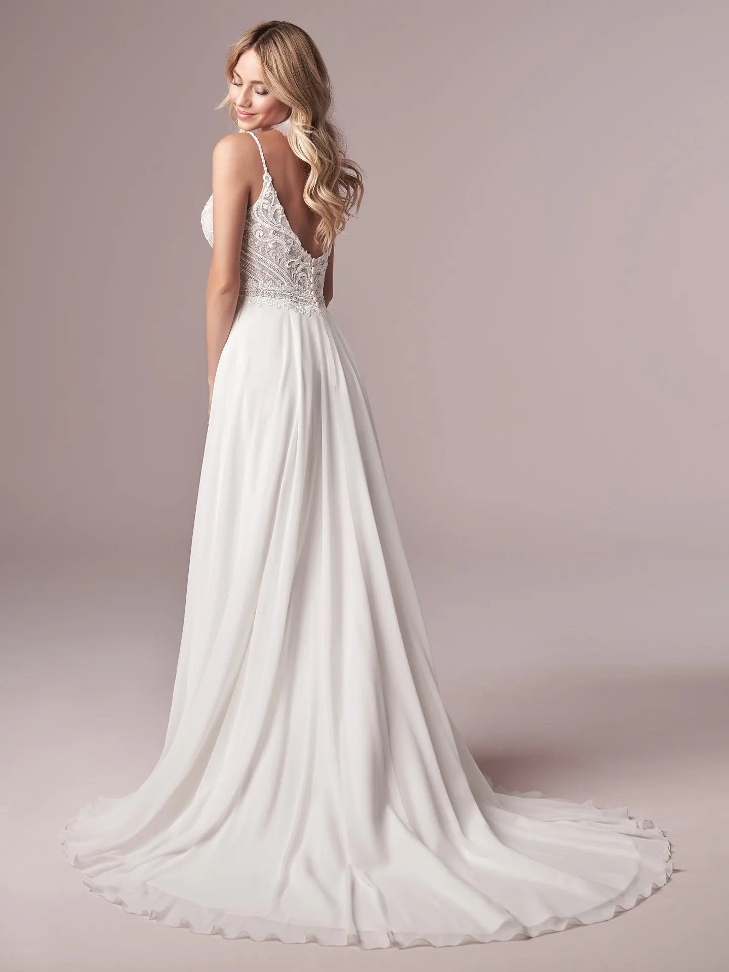 Rebecca Ingram Lorraine back view chiffon sheath wedding dress