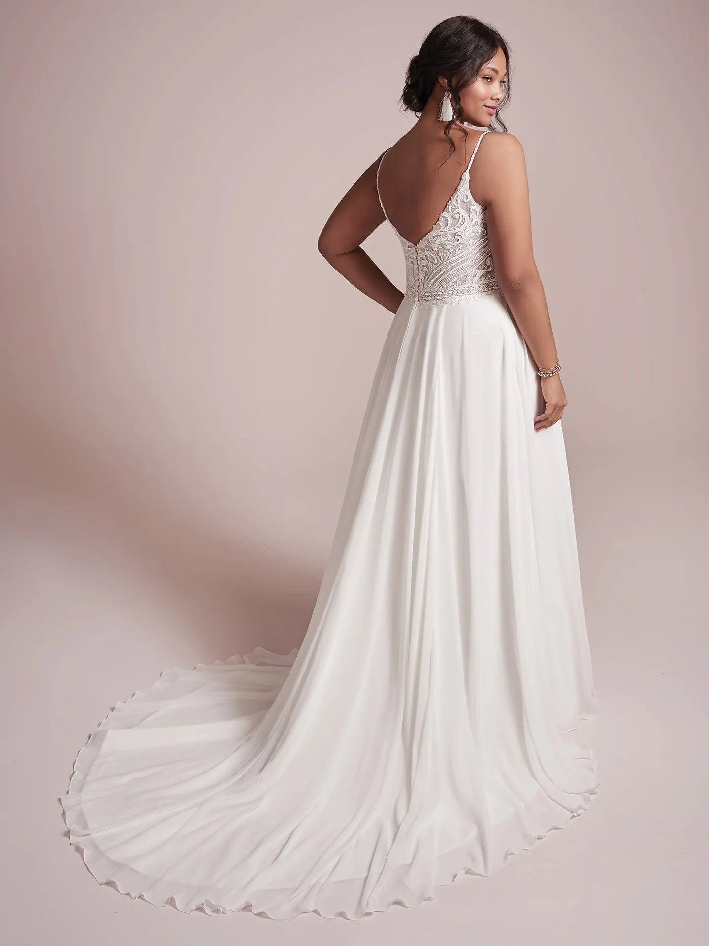 Rebecca Ingram Lorraine chiffon sheath wedding dress back view