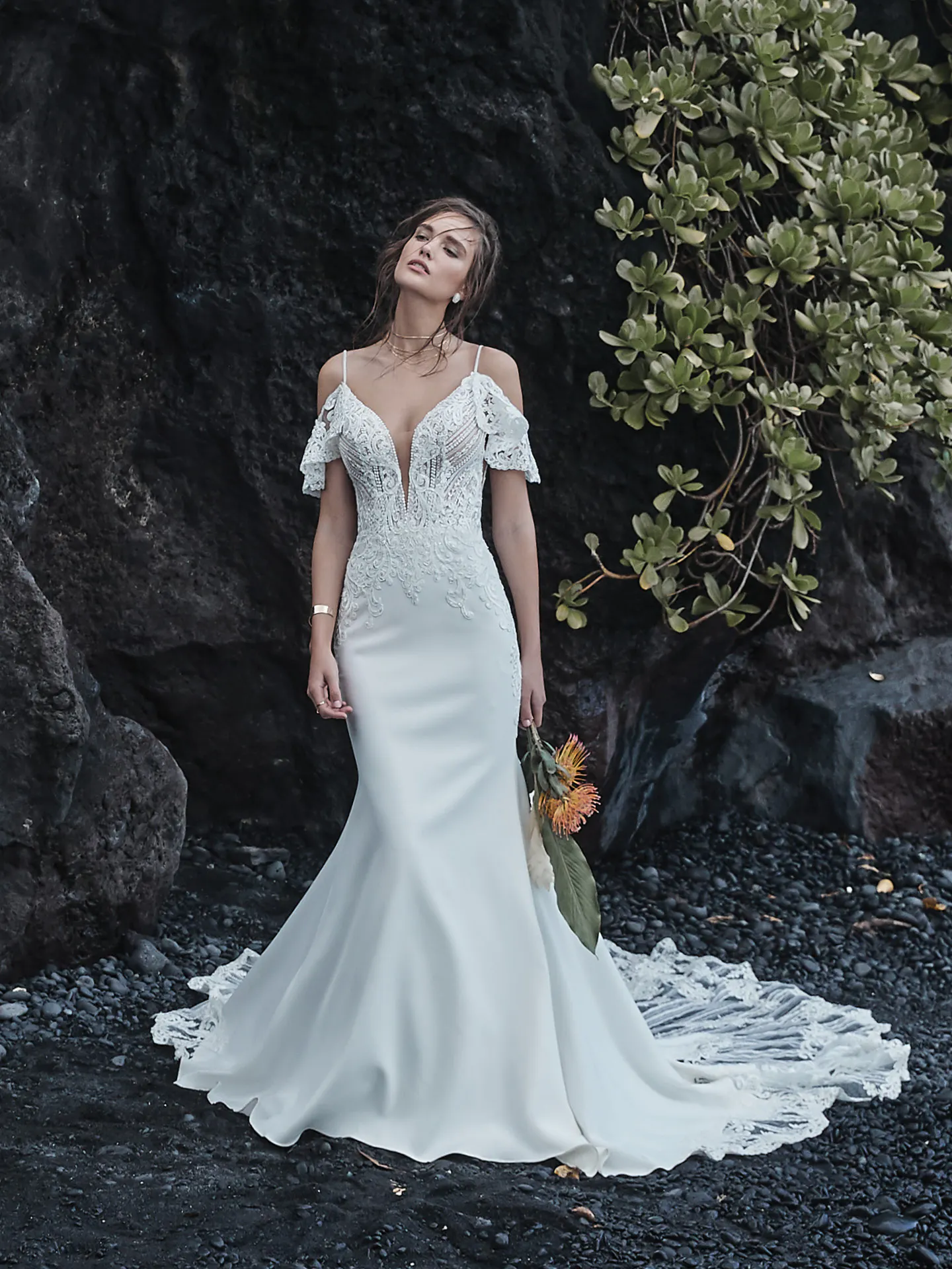 maggie sottero olive green dress Bracken Cold Shoulder Sleeve Crepe Sheath Bridal | and Midgley Bridal gown